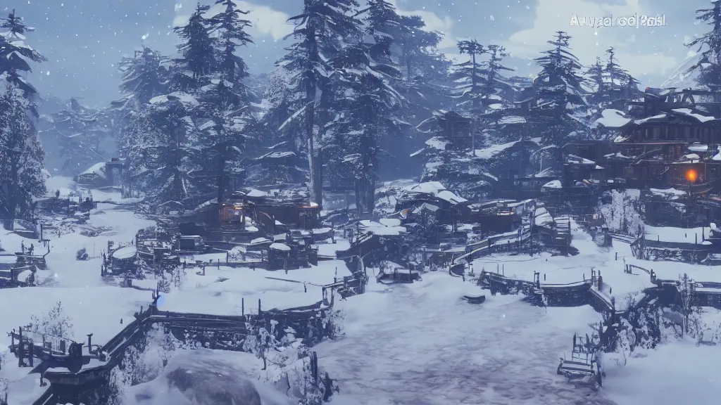 Image similar to beautiful Nier Automata landscape at a ski station, winter