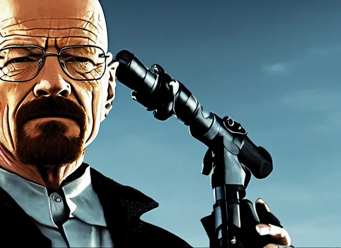 Image similar to film still of Walter White as Gordan Freeman wearing Black Mesa Jumpsuit holding a gravity gun in the Half Life Movie, 4k