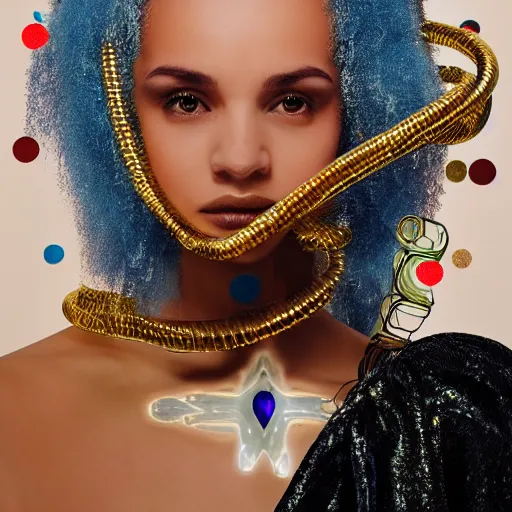 Image similar to portrait of a beautiful futuristic woman layered with high-tech jewelry wrapping around her face and head, golden-silver light with tiny blue, gold, and red gems scattered like dust