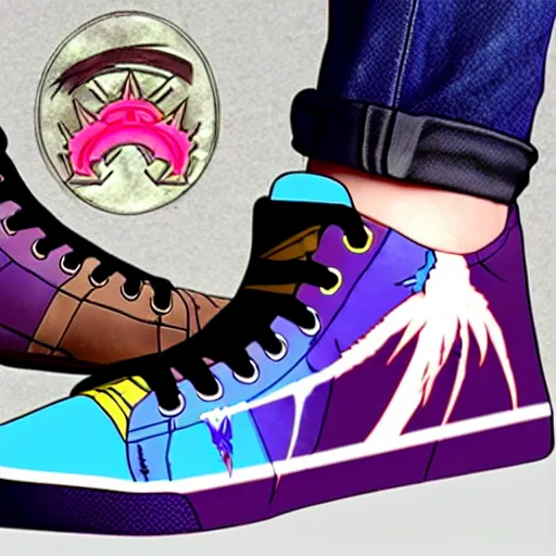 Image similar to fantasy anime jrpg sneaker design designed by studio ghibli, chrono trigger guilty gear style, sleek modern native punk sneaker design, hip hop sneaker design with subtle mayan patterns, gapmoe yandere grimdark, trending on pixiv fanbox, painted by greg rutkowski makoto shinkai takashi takeuchi studio ghibli, akihiko yoshida