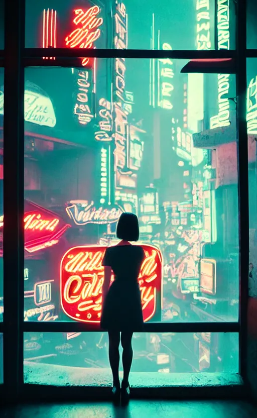 Image similar to vertical portrait of girl in 5 0's retro restaurant interior, neon - decorated urban on night in the city seen through the window, modern interior design, architectural design, vintage, night blade runner, dark, postapocalyptic, clean lines, 4 k, octane, asian futuristic city at distance, big windows, octane, wide angle