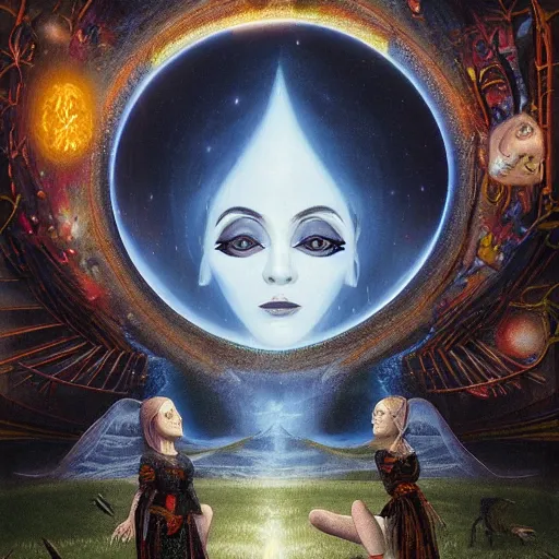 Prompt: two lovers channeling third eye energy in a dark room surrounded by a background of dark cyber mystic garden of earthly delights, midnight hour, by leon spillaert, artstation