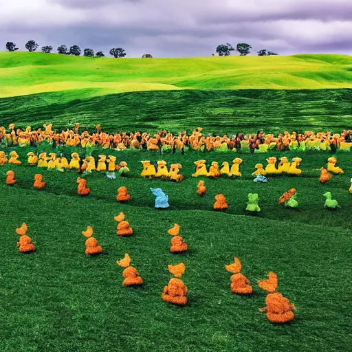 Image similar to a photo of a green field, with an army of differently coloured and shaped teletubbies, marching together.