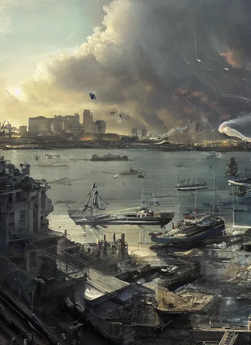 Image similar to hyper realistic squid robot attacking cape town city harbor explosions, atmospheric beautiful details, strong composition painted by kim jung giu weta studio rutkowski, james gurney and greg rutkowski, and lucasfilm