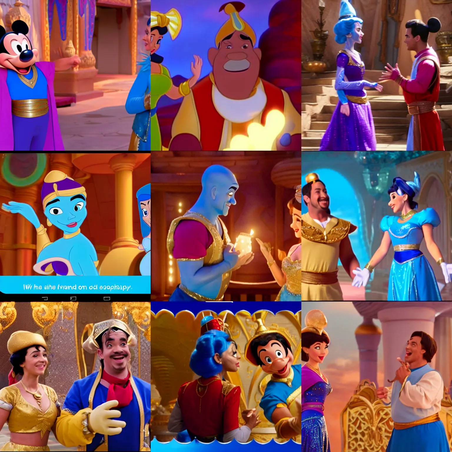 Prompt: disney genie and a surprised woman dressed as a genie, screenshot aladdin movie