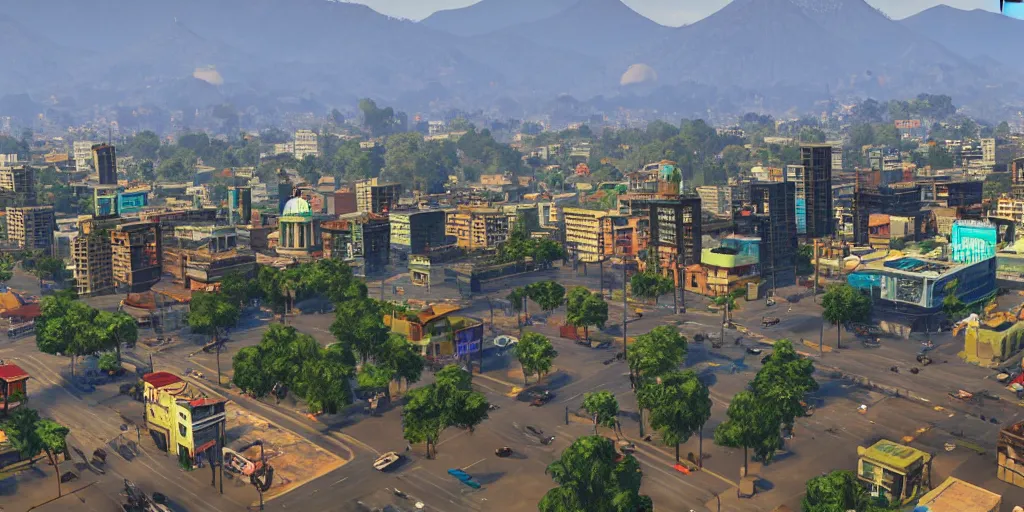 Image similar to guatemala city if it was a game like grand theft auto v, with realistic visuals and award winning gameplay