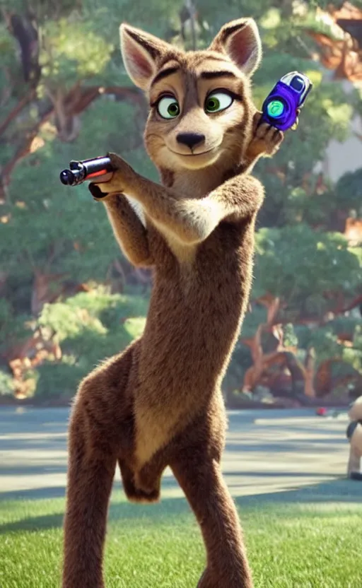 Image similar to “kangaroo in the style of the movie zootopia holding a laser gun and pointing it at the the camera”