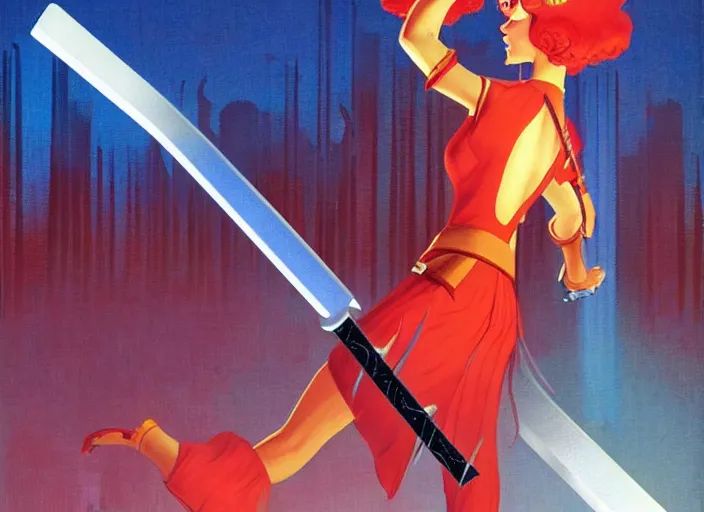 Image similar to the video game transistor's red with the transistor sword by ralph mcquarrie