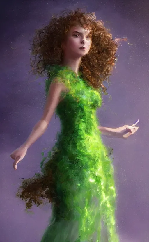 Image similar to a young woman with wild, curly hair and bright green eyes. she's wearing a flowing dress made of light, airy fabric and she has a mischievous look on her face, dynamic lighting, photorealistic fantasy concept art, trending on art station, stunning visuals, creative, cinematic, ultra detailed