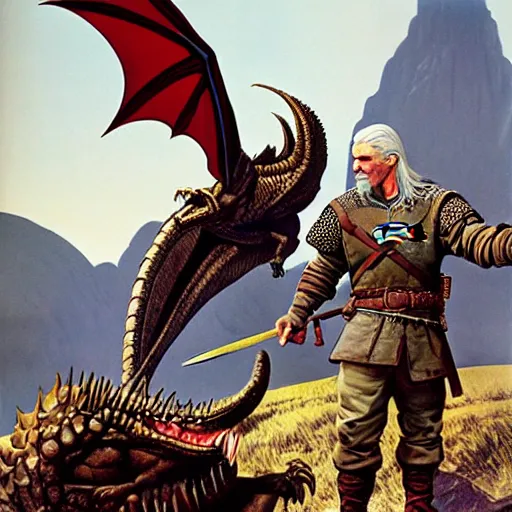 Image similar to geralt of rivia examines a sleeping dragon detailed american wwii propaganda poster by james gurney and pixar