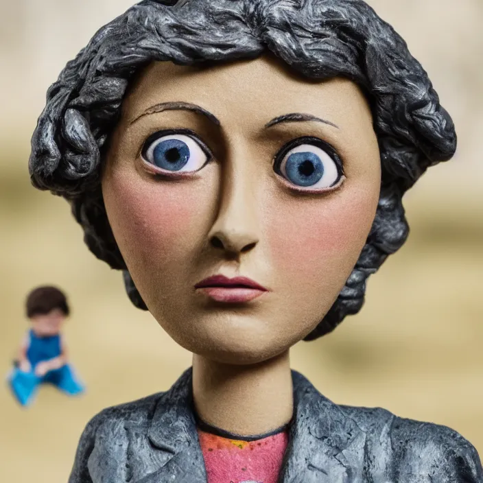 Prompt: a closeup portrait of a sad woman standing next to an empty swing playground, stop motion animation, claymation, anomalisa, by jan van eyck, 8 k, medium - format print