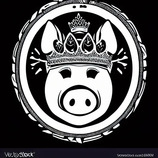 Image similar to full body side view of a pig wearing a crown thick lines black and white logo vector 8k