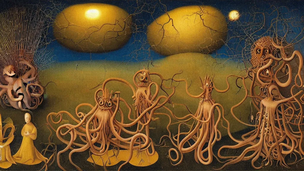 Prompt: a beautiful digital painting digital render of a landscape with strange weird octopus creatures. remedios varo. hieronymus bosch. chiho aoshima. johfra bosschart