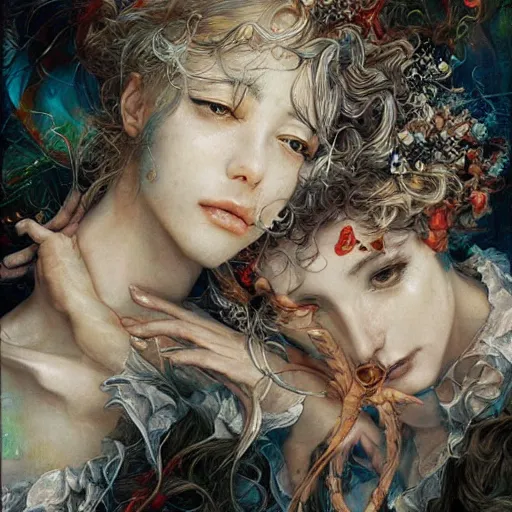 Image similar to regeneration can only be attained by two souls working in unison and harmony baroque, rococo, dramatic, elaborate, emotive, and transcendental , painted by Ayami Kojima and WLOP