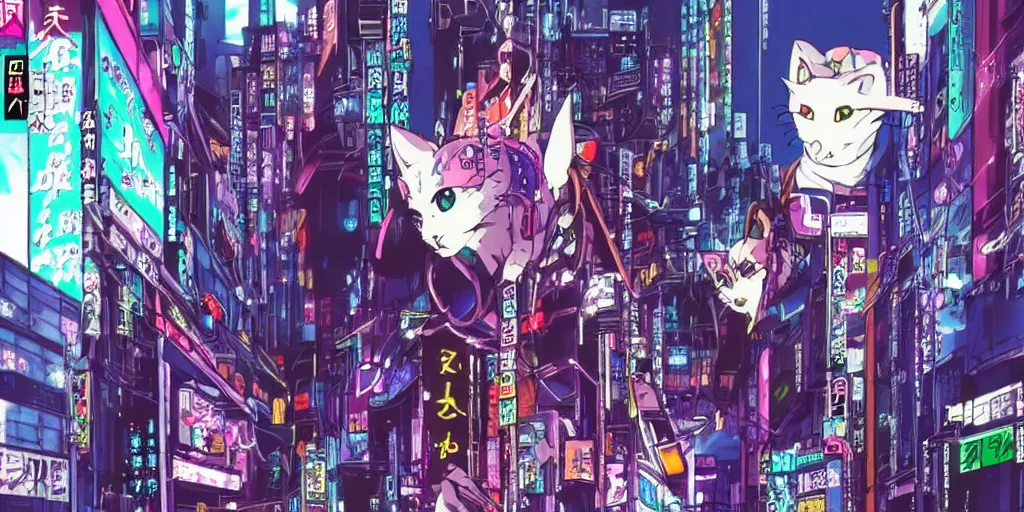 Image similar to cyberpunk cat, 9 0 s japan anime style