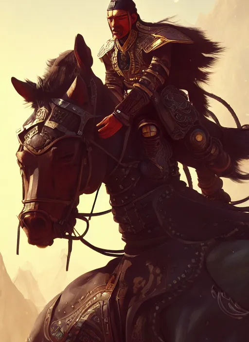 Image similar to Genghis khan as a cyberpunk cowboy rider, au naturel, hyper detailed, digital art, trending in artstation, cinematic lighting, studio quality, smooth render, unreal engine 5 rendered, octane render, art style by klimt and nixeu and ian sprigger and wlop and krenz cushart