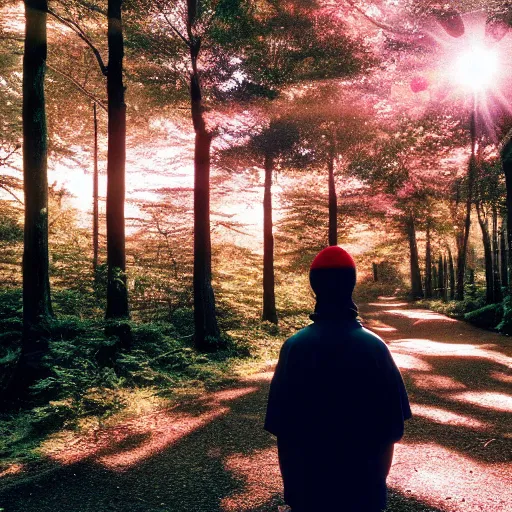 Image similar to 1 9 9 0 s candid 3 5 mm photo of a beautiful forest in tokyo, cinematic lighting, cinematic look, golden hour, the clouds are epic and colorful with cinematic rays of light, a man walks down the center of the forest with a beanie on, photographed by petra collins, uhd