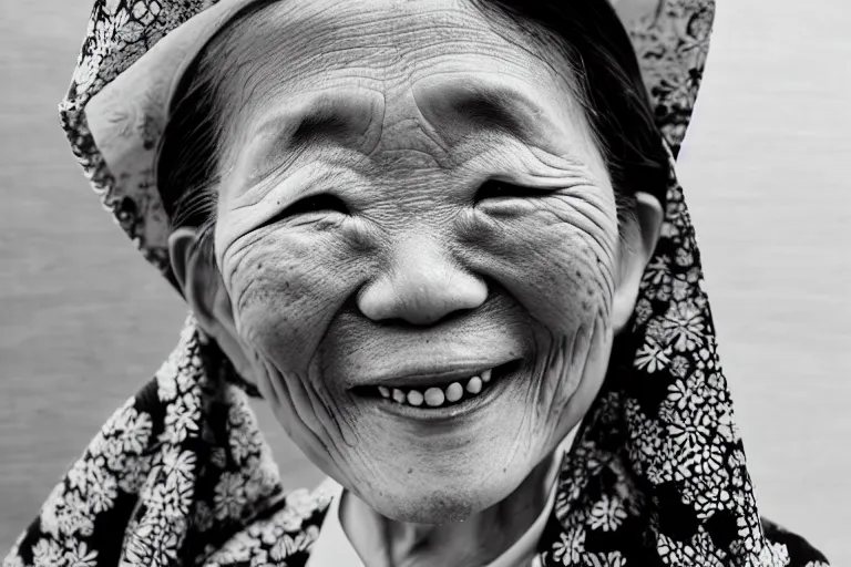 Image similar to still photo of a japanese old woman smiling at the camera wearing a kimono on a street, black and white color aesthetic, highly detailed, photorealistic portrait, bright studio setting, studio lighting, crisp quality and light reflections, unreal engine 5 quality render