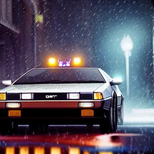 Image similar to hyperdetailed, photorealistic photograph of a dmc 1 2 delorean driving in the streets, rain, night, dense fog, hd, unreal engine 5