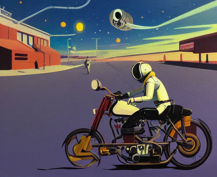 Image similar to a very detailed painting of a astronaut wearing a suit, riding a motorbike down a street, harley davidson motorbike, worm's - eye view, very fine brush strokes, very aesthetic, very futuristic, in the style of edward hopper and grant wood and syd mead, 4 k,