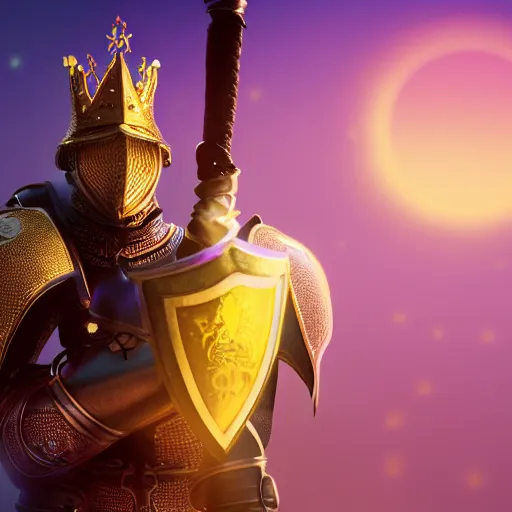 Image similar to a highly detailed knight with glowing purple eyes in a T golden helmet and a golden crown with a blue diamond in the center, golden armor, leather clothes under the armor, leather gloves, holds a black sword, artstation, DeviantArt, professional, octane render, sunset lighting