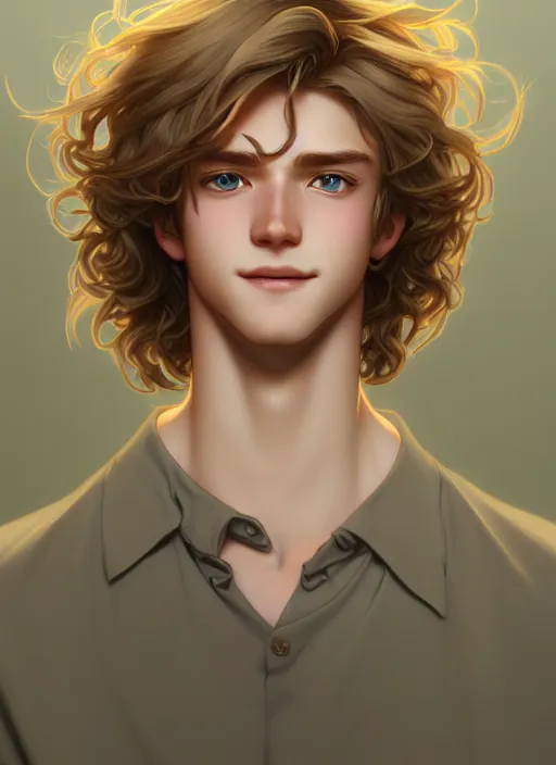 Image similar to young man with medium - length, curly, golden hair, perfectly proportioned face, aquamarine eyes, sweet smile, natural lighting, path traced, highly detailed, high quality, cartoon, digital painting, by new haicheng and ross tran and studio ghibli and alphonse mucha