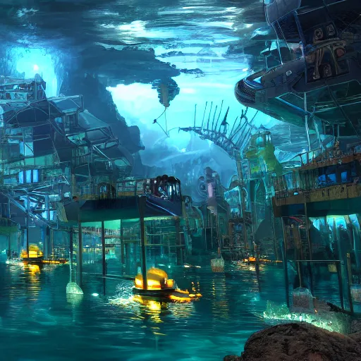 Prompt: underwater city with lots of activities going on, volumetric lighting, dynamic lighting, high detail photo realistic, 4k,hdr