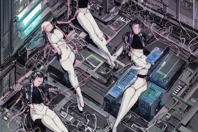 Image similar to a cyberpunk illustration of a group of three female androids in style of masamune shirow, lying on an empty, white floor with their bodies rotated in different poses and cables and wires coming out, by yukito kishiro and katsuhiro otomo, hyper-detailed, intricate, view from above