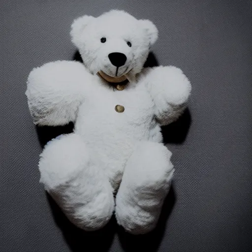 Prompt: a photograph of a white teddy bear laying on a bed crying, tears going down its face, focus shot, flashlight, 35mm film, low contrast, hd