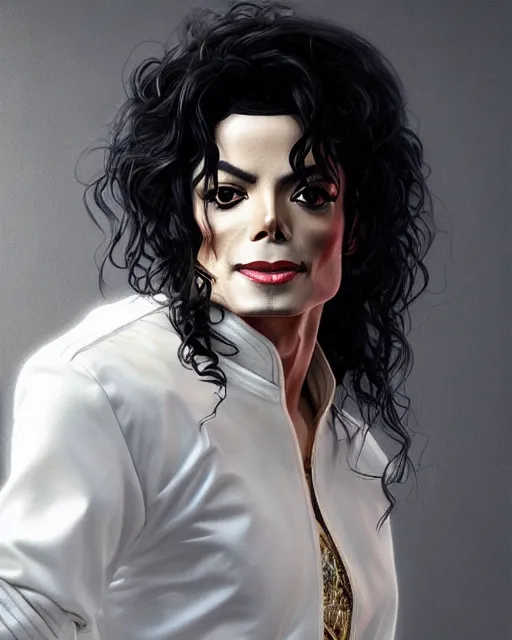 Image similar to Portrait of Michael Jackson but he is white, real life skin, intricate, elegant, highly detailed, artstation, concept art, smooth, sharp focus, art by artgerm and greg rutkowski and alphonse mucha