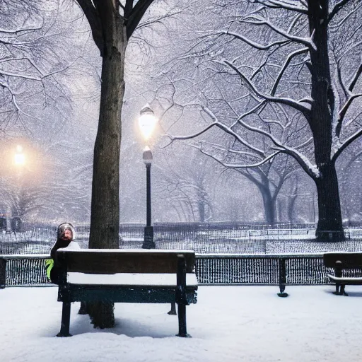 Prompt: Detailed photo of Maisy Williams sitting on a bench in Central Park during the winter, light snow, a lamp illuminates the area, 2K,