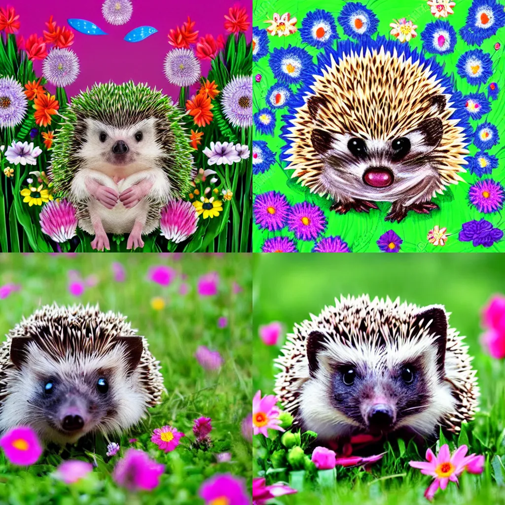 Prompt: cute hedgehog with big eyes surrounded by field of flowers