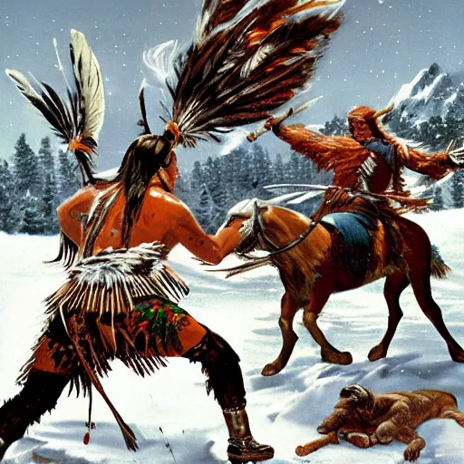 Image similar to majestic native americans fighting cyborg white men in a snowy field, landscape, hyper realistic,