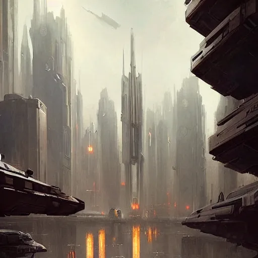 Image similar to star wars concept art by greg rutkowski, a huge metropolis with sharp and elegant buildings, it is night and it feels busy, the buildings are bright, dark and reddish night sky, cinematic lighting, oppressive atmosphere.