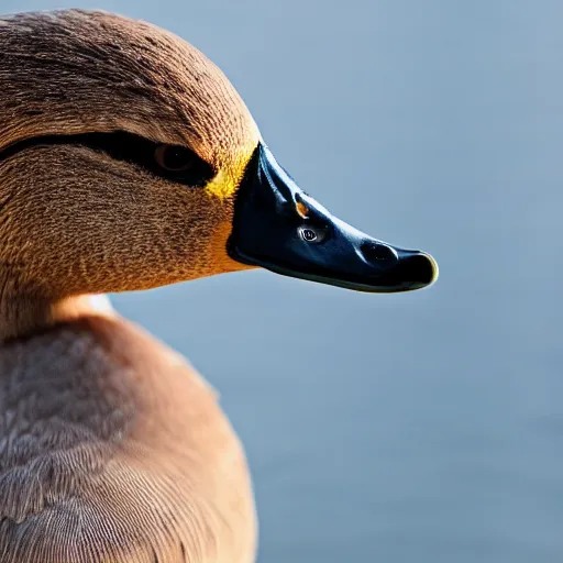 Image similar to A high detail closeup shot of a duck wearing a suit