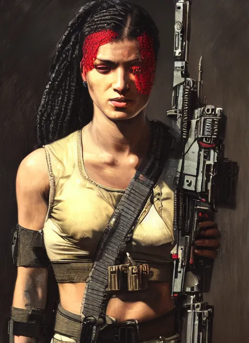 Image similar to maria igwe. cyberpunk mercenary with tattoos wearing a military vest and combat jumpsuit. (Cyberpunk 2077, bladerunner 2049). Iranian orientalist portrait by john william waterhouse and Edwin Longsden Long and Theodore Ralli and Nasreddine Dinet, oil on canvas. Cinematic, hyper realism, realistic proportions, dramatic lighting, high detail 4k