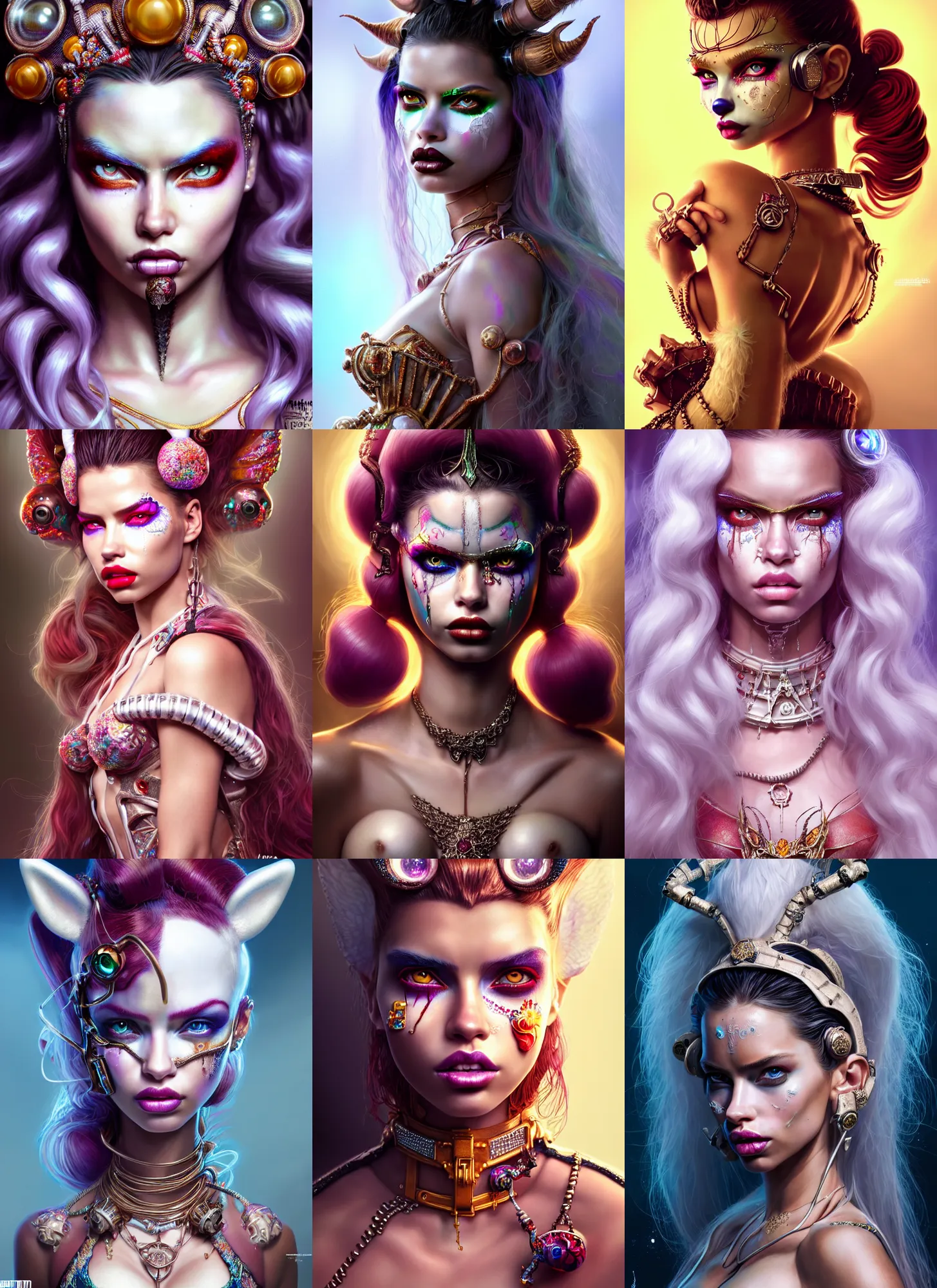 Prompt: white clowncore : : disney weta portrait, soft lustrous biotech raver adriana lima cyborg, bling, hi - fructose, sci - fi fantasy intricate decadent highly - detailed digital painting, ever after high, octane render, artstation, concept art, smooth, sharp focus, illustration, artgerm, mucha, loish, wlop