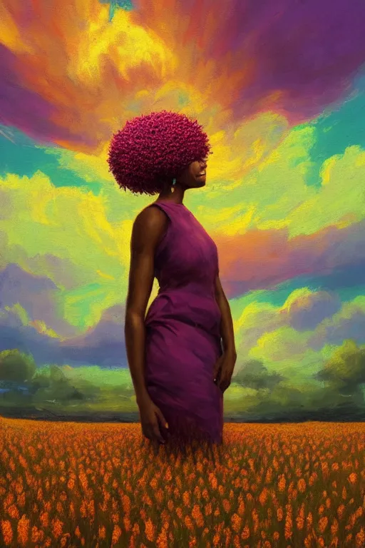 Prompt: closeup, large flower as head, african woman in heather field, surreal photography, golden hour, colorful clouds, impressionist painting, digital painting, artstation, simon stalenhag