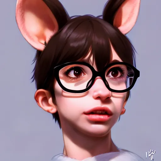 Prompt: character design portrait of an anthropomorphic furry rat girl with rat ears, wearing medium - sized glasses, eyelids half closed, slight smile, profile perspective view from the side, concept art, by wlop, ilya kuvshinov, artgerm, krenz cushart, pixiv.