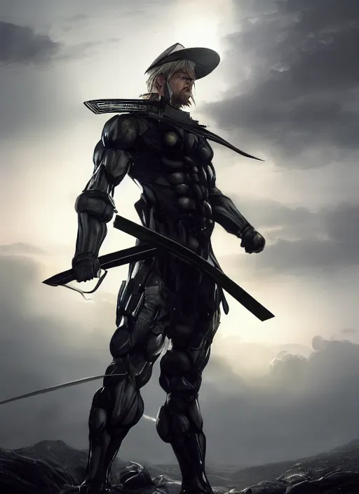 Image similar to a photorealistic hyperrealistic render of a raiden metal gear solid wielding a katana sword and wearing a asian conical hat, huge lightning from his hands, greg rutkowski, wlop, artgerm, dramatic moody sunset lighting, long shadows, volumetric, cinematic atmosphere, octane render, artstation, 8 k