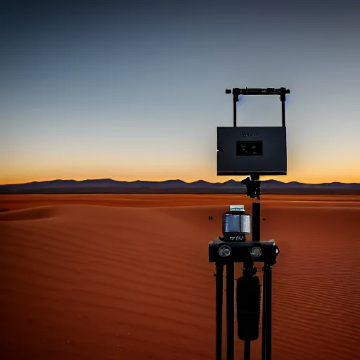 Image similar to peaceful mobile camoflaged rugged weather station sensor antenna on tank treads, for monitoring the australian desert, XF IQ4, 150MP, 50mm, F1.4, ISO 200, 1/160s, dawn