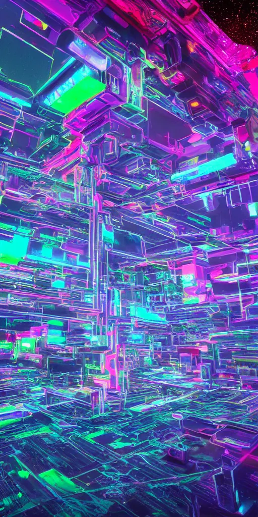 Prompt: impossibly beautiful monolithic shrine to technology that extends to the heavens, intricate complexity, psychedelic glitch art, neon paint drip, inverted color scheme, trending on art station, photoreal, 8 k, octane render