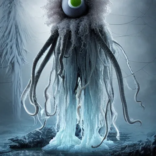 Image similar to a fluffy humanoid ethereal ghost like live action muppet wraith like figure with a squid like parasite taking over its head and four long tentacles for arms that flow gracefully at its sides like a cloak while it floats around a frozen rocky lake in the middle of the frozen woods searching for lost souls and that hides amongst the shadows in the trees, this character can control the ice and snow and has mastery of the shadows, it is known as the bringer of nightmares and the conqueror of the endless night terrors and staring too long can cause paralysis, it is a real muppet by sesame street surrounded by lost muppet souls, photo realistic, real, realistic, felt, stopmotion, photography, sesame street