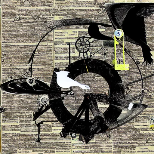 Image similar to a mechanical bird wanders between the virtual realms of urban informatics and computational social science, collage artwork by dave mckean and ivan shishkin and roberto matta