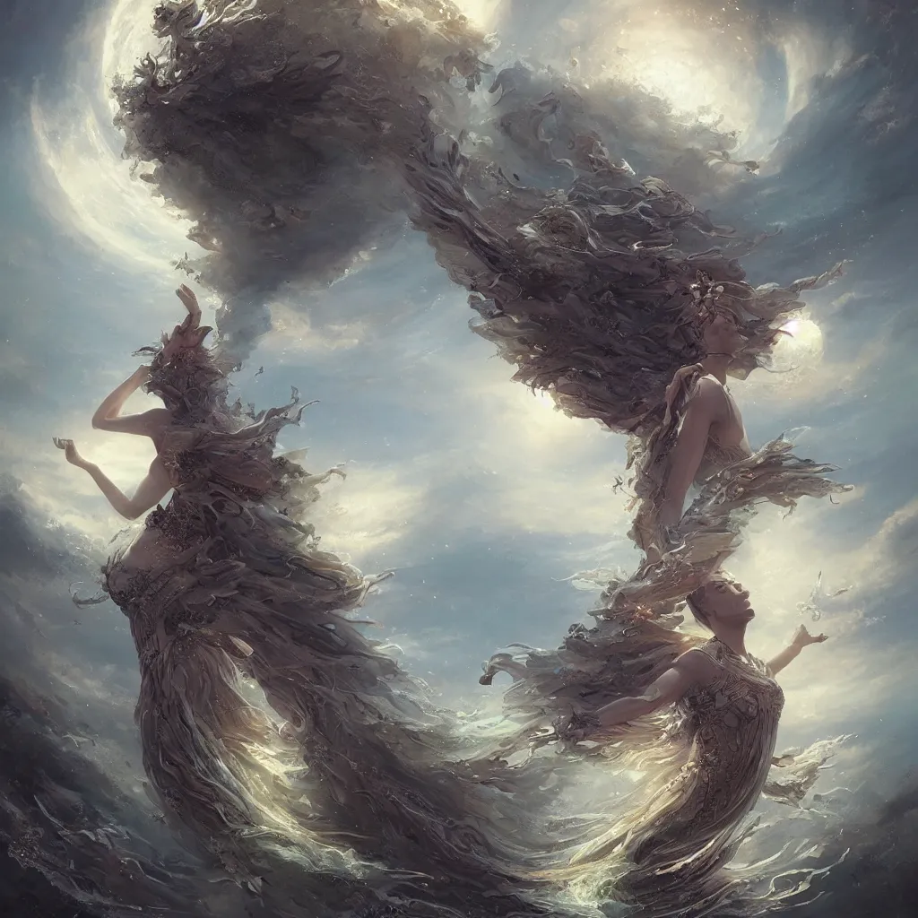 Image similar to fantasy illustration of a goddess of world full of life, divine thrill of the biological tranquil sky, spirits wavering, feelings are shaking, atoms floating, by greg rutkowski, horror, intricate, elegant, highly detailed, digital painting