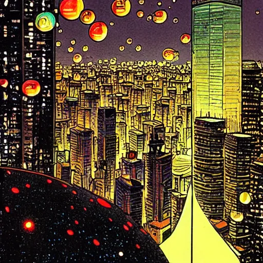 Image similar to alien bubbles floating in a city of lights, people from buildings trying to jump on the bubbles, comic book panel, by moebius