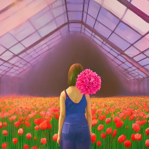 Image similar to giant carnation flower head, woman standing in greenhouse, surreal photography, dramatic light, impressionist painting, digital painting, artstation, simon stalenhag