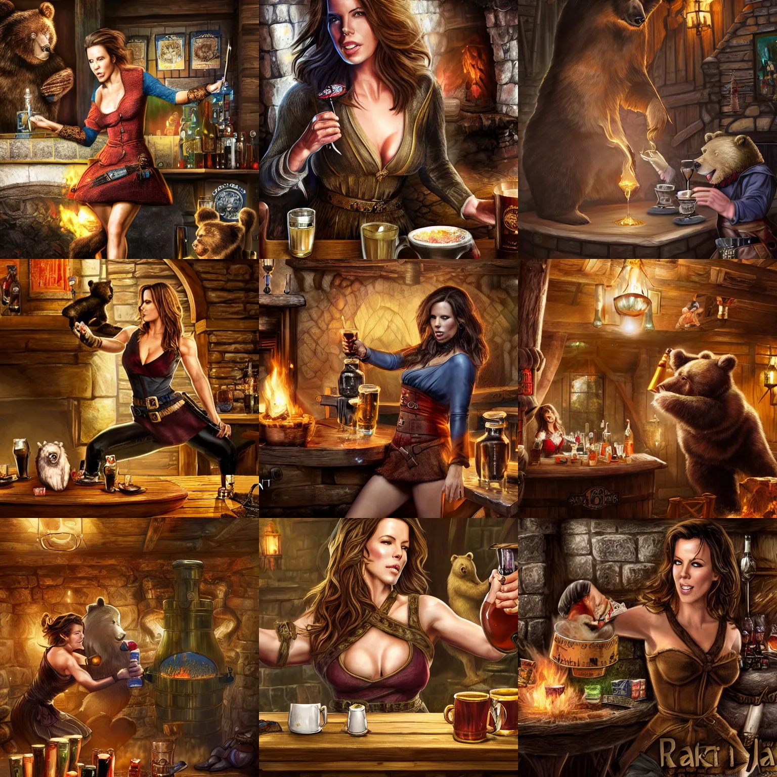 Prompt: kate beckinsale hitting the bear with punch, in fantasy tavern near fireplace, behind bar deck with bear mugs, medieval dnd, colorfull digital fantasy art, 4k