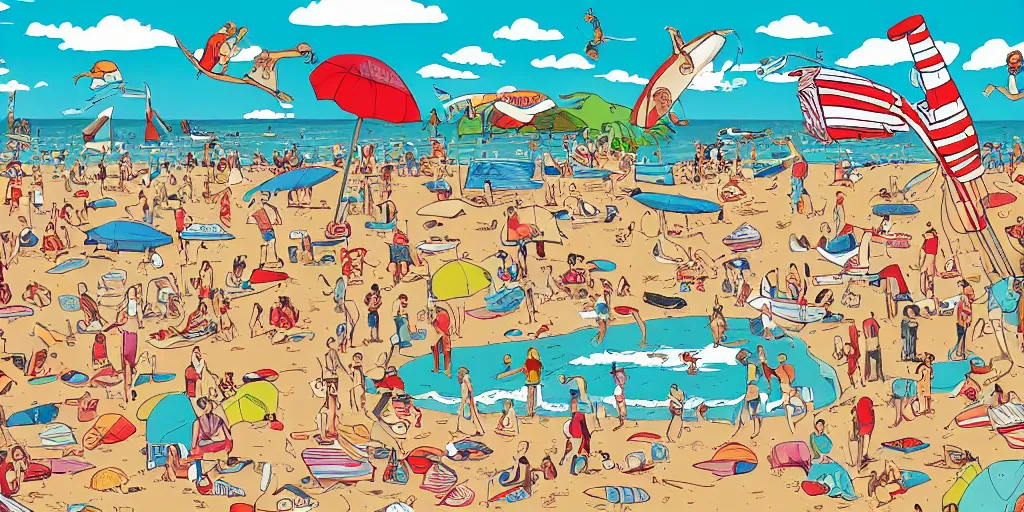 Image similar to a full page spread from the where's waldo at the beach book, high detail illustration, coherent