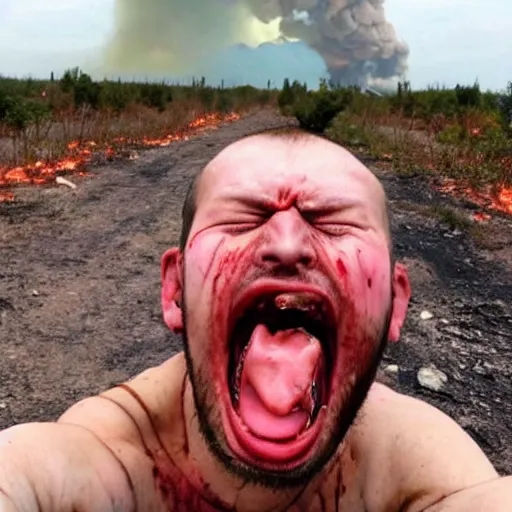 Prompt: selfie of a ukrainian screaming in pain and terrible injuries from a nuclear explosion, everything is on fire and radiation, in the background people look like zombies corpses and chocklets, a large nuclear explosion in the background